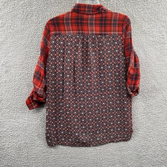 Band of Gypsies Womens Top Small Red Plaid Button Front Long Sleeve Sheer Shirt - Picture 2 of 11